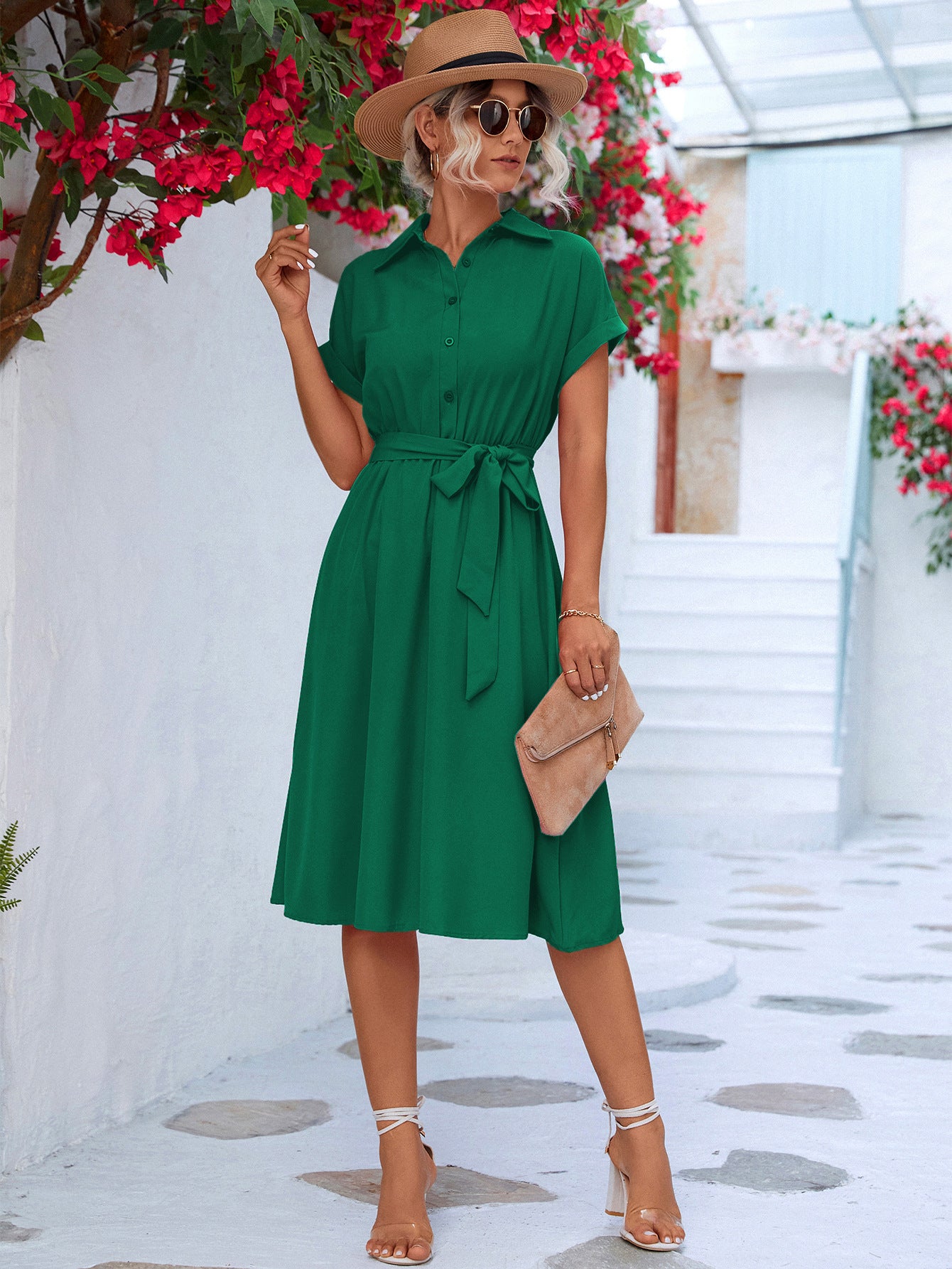 Teresa Short Sleeve Belted Shirt Dress